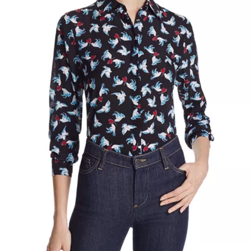 Alice + Olivia Black Blouse with Blue Bird Print